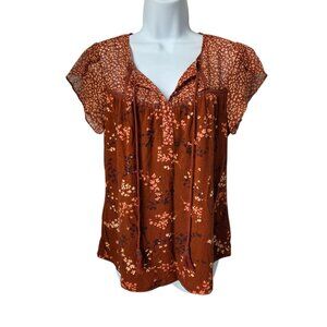 Daniel Rainn Rust Floral Print Short Sleeve Blouse With Tassel Tie Neck PS
